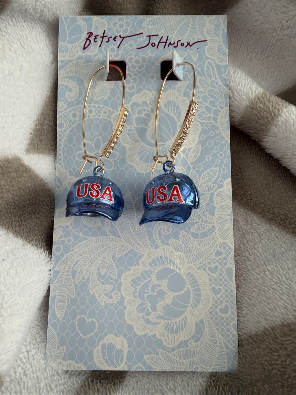 Betsey Johnson Blue USA Baseball Cap Dangle Hoop Earrings